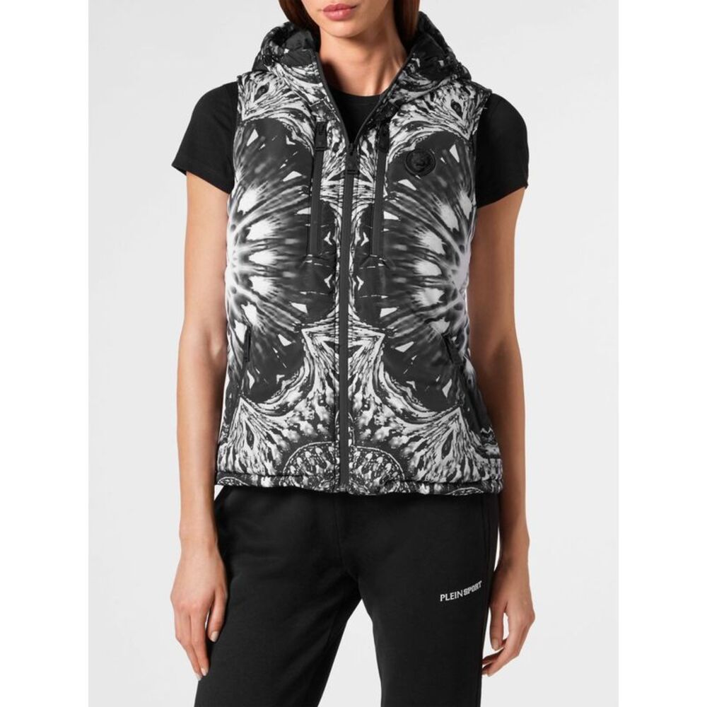 Plein Sport Women Plein Sport Padded Nylon Gilet With Hood And Graphic Print